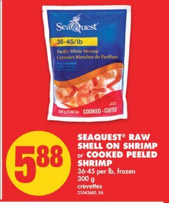 No Frills Seaquest® raw shell on shrimp or cooked peeled shrimp, 300 g offer