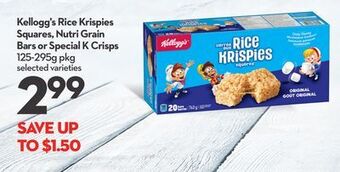 Longo's Kellogg's rice krispies squares, nutri grain bars or special k crisps offer