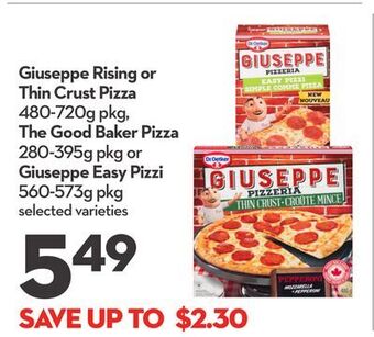 Longo's Giuseppe rising or thin crust pizza 480-720g pkg, the good baker pizza 280-395g pkg or giuseppe easy pizzi 560-573g pkg offer