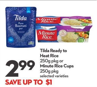 Longo's Tilda ready to heat rice 250g pkg or minute rice cups 250g pkg offer
