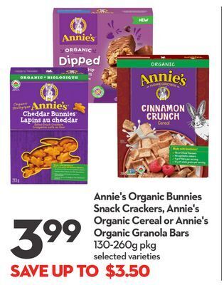 Longo's Annie's organic bunnies snack crackers, annie's organic cereal or annie's organic granola bars offer