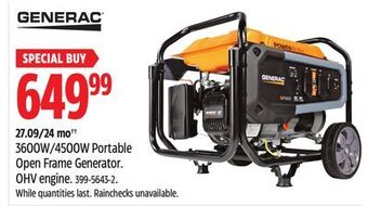 Canadian Tire Generac 3600w/4500w portable open frame generator offer