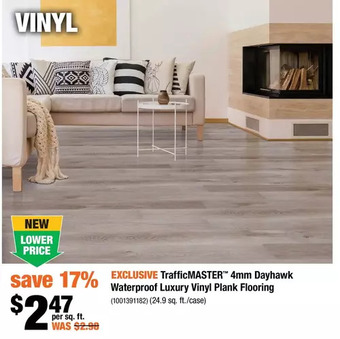 Home Depot Trafficmaster 4mm dayhawk waterproof luxury vinyl plank flooring offer