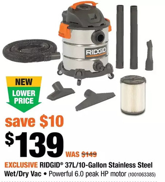 Home Depot Ridgid 37l/10-gallon stainless steel wet/dry vac offer