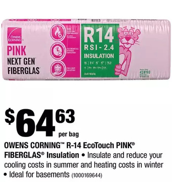Home Depot Owens corning r-14 ecotouch pink fiberglas insulation offer