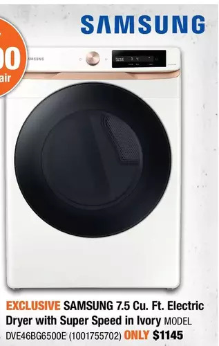 Home Depot Samsung 7.5 cu. ft. electric dryer with super speed in ivory offer