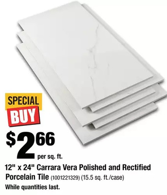 Home Depot 12" x 24" carrara vera polished and rectified porcelain tile offer