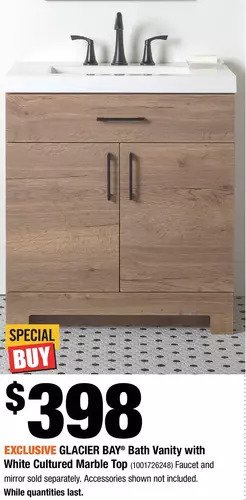 Home Depot Glacier bay bath vanity with white cultured marble top offer