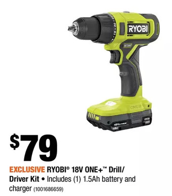 Home Depot Ryobi 18v one+ drill/driver kit offer