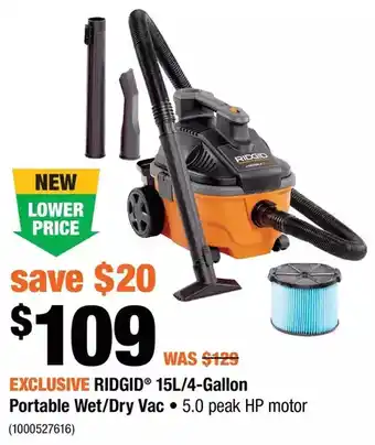 Home Depot Ridgid 15l/4-gallon portable wet/dry vac offer