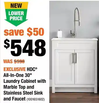 Home Depot Hdc all-in-one 30" laundry cabinet with marble top and stainless steel sink and faucet offer