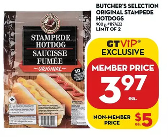 Giant Tiger Butcher's selection original stampede hotdogs offer