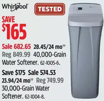 Canadian Tire Whirlpool 40,000-grain water softener | 30,000-grain water softener offer
