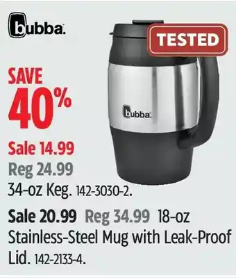 Canadian Tire Bubba 34-oz keg | 18-oz stainless-steel mug with leak-proof lid offer