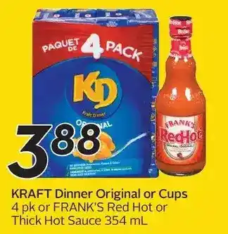 Sobeys Urban Fresh Kraft dinner original or cups or frank's red hot or thick hot sauce offer