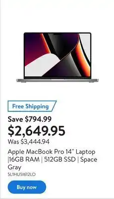 Walmart Apple macbook pro 14" laptop |16gb ram | 512gb ssd | space gray offer