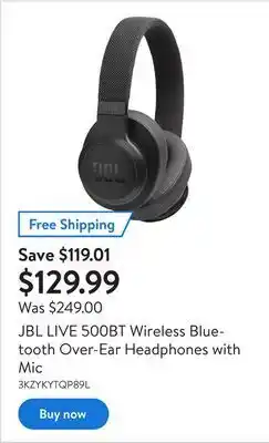 Walmart Jbl live 500bt wireless bluetooth over-ear headphones with mic offer
