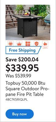 Walmart Topbuy 50,000 btu square outdoor propane fire pit table offer