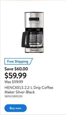 Walmart Henckels 2.2-l drip coffee maker silver-black offer