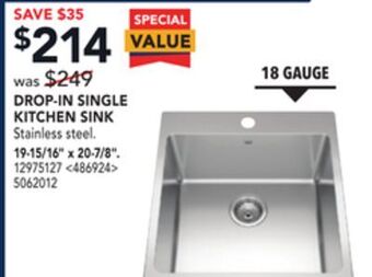 RONA Kindred drop-in single kitchen sink 19-15/16" x 20-7/8" offer