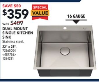 RONA Dual mount single kitchen sink 22" x 25" offer