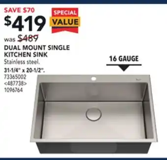 RONA Kraus dual mount single kitchen sink 31-1/4" x 20-1/2" offer