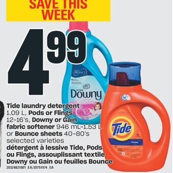 Valu-mart Détergent à lessive tide, pods ou flings, assouplissant textile downy ou gain ou feuilles bounce offer