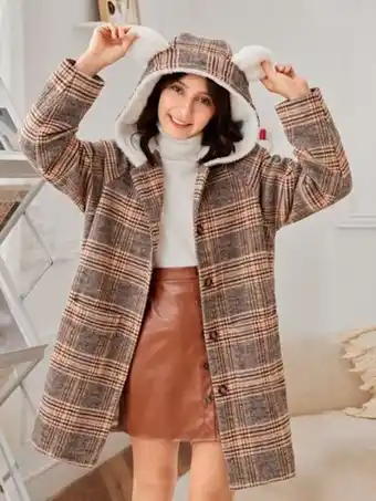 SheIn Shein teen girls 3d ear patched teddy lined plaid overcoat offer