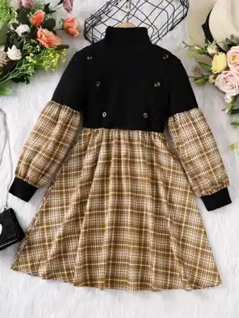 SheIn Girls plaid spliced bishop sleeve button detail dress offer