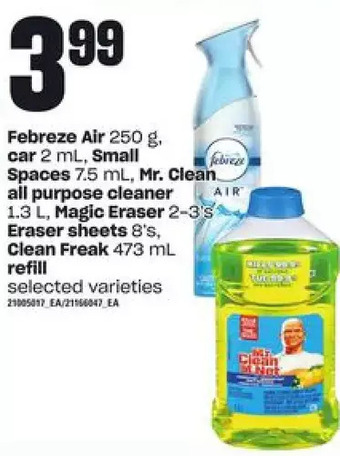 Loblaws Febreze air, car, small spaces, mr. clean all purpose cleaner, magic eraser, eraser sheets clean freak refill offer