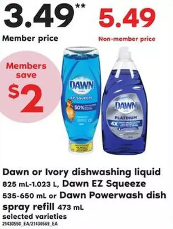 Loblaws Dawn or ivory dishwashing liquid, dawn ez squeeze or dawn powerwash dish spray refill offer