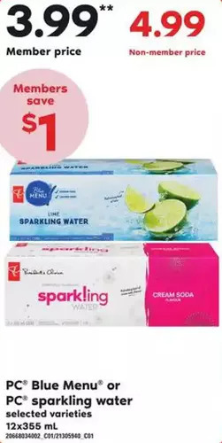 Loblaws Pc blue menu or pc sparkling water offer
