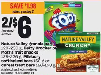Loblaws Nature valley granola bars, betty crocker or mott's fruit snacks, pillsbury soft baked bars or cereal treat bars offer