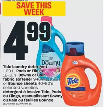 Independent Grocer Tide laundry detergent, pods or flings, downy or gain fabric softener or bounce sheets offer