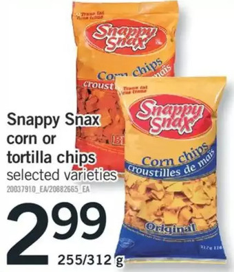 Fortinos Snappy snax corn or tortilla chips offer