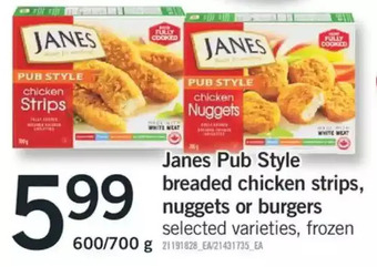 Fortinos Janes pub style breaded chicken strips, nuggets or burgers offer
