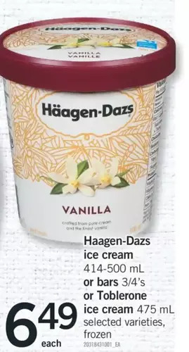 Fortinos Haagen-dazs ice cream or bars or toblerone ice cream offer