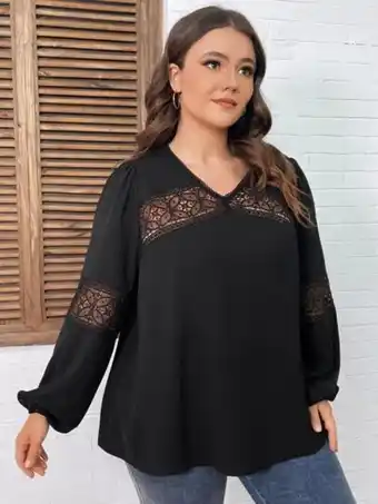 SheIn Plus contrast lace lantern sleeve blouse offer