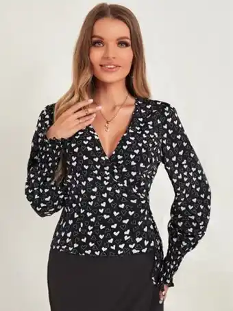 SheIn Allover heart print shirred cuff wrap tie side blouse offer