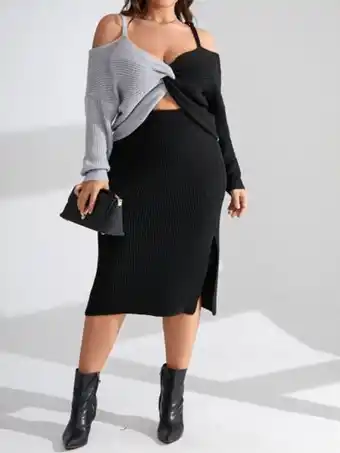 SheIn Plus two tone twist front cold shoulder sweater & slit knit skirt offer