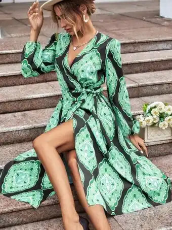 SheIn Allover print lantern sleeve knot side wrap dress offer