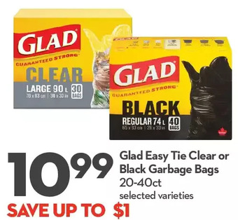 Longo's Glad easy tie clear or black garbage bags offer