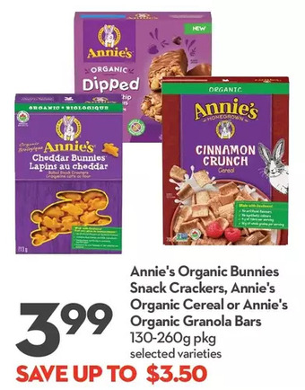 Longo's Annie's organic bunnies snack crackers, annie's organic cereal or annie's organic granola bars offer