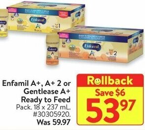Walmart Enfamil A+, A+ 2 or Gentlease A+ Ready to Feed 18 x 237 ml offer