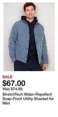 Old Navy Stretchtech water-repellent snap-front utility shacket for men offer
