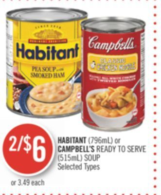 Shoppers Drug Mart Habitant (796ml) or campbell's ready to serve (515ml) soup offer