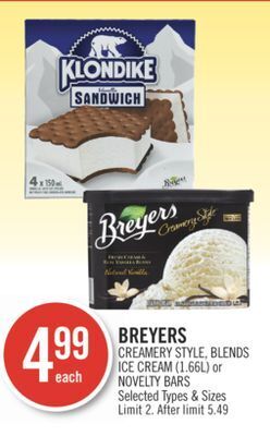 Shoppers Drug Mart Breyers creamery style, blends ice cream (1.66l) or novelty bars offer