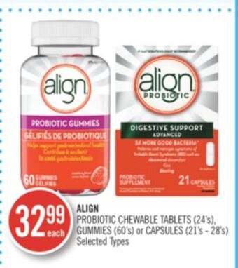 Shoppers Drug Mart Align probiotic chewable tablets (24's) gummies (60's) or capsules (21's-28's) offer