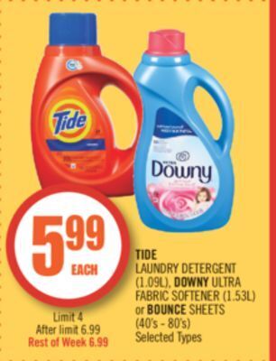 Shoppers Drug Mart Tide laundry detergent (1.09l), downy ultra fabric softener (1.53l) or bounce sheets (40's - 80's) offer