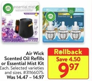 Walmart Air Wick Scented Oil Refills or Essential Mist Kit offer